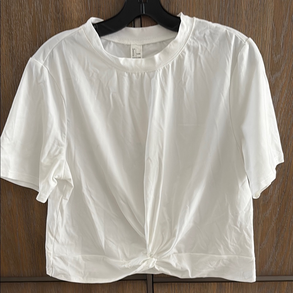 White Tie Front Relaxed Tee with Mandarin Collar